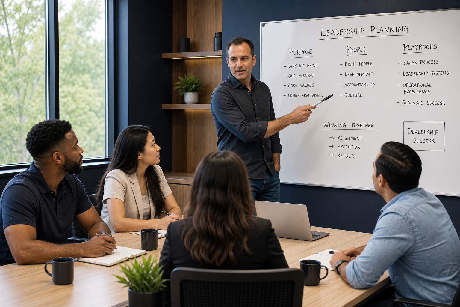 Leadership coaching session at a whiteboard with dealership managers
