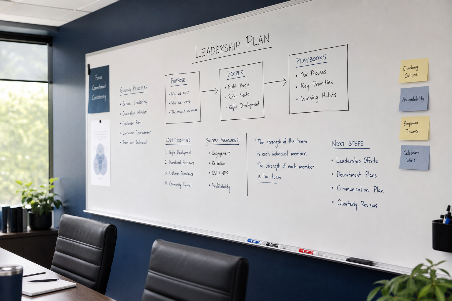 Leadership planning session whiteboard with purpose, people, and playbooks